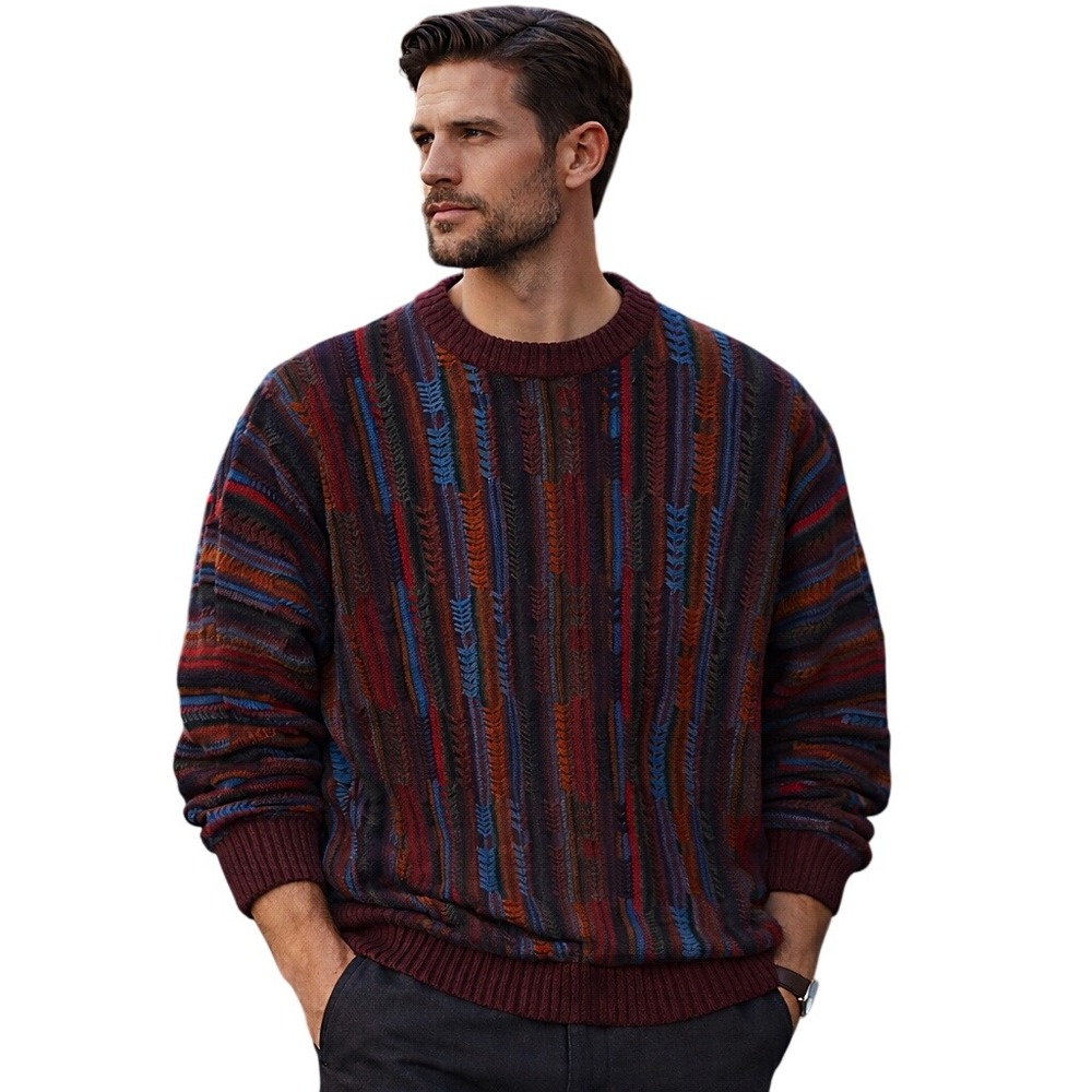 Vintage 90s Italian Textured Knit Sweater XXL Lorenzo Tavernari Wool Blend Cosby